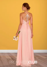 Sylvia | Lace Embroider Blush Chiffon Long Bridesmaid Dress - Price #price_variant_lowest# - Blush - PromDressClub